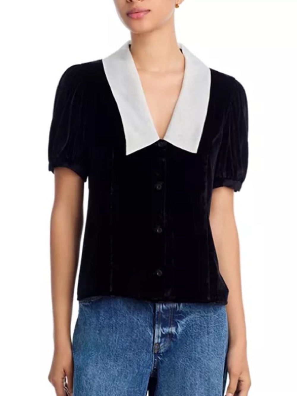 Frame Denim Black Velvet Button-Down Top with White Collar